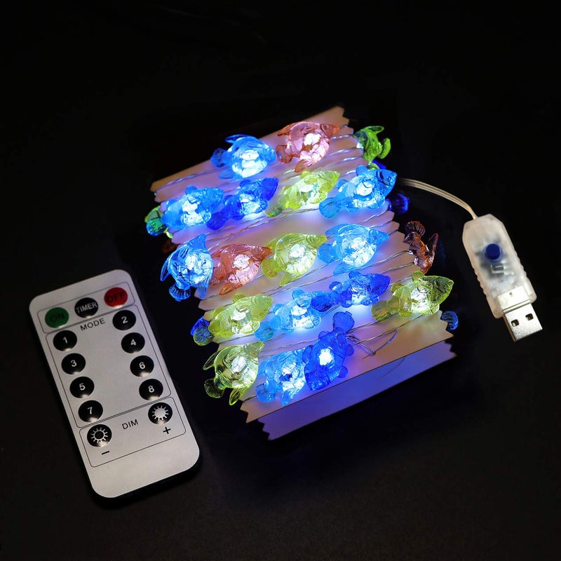 WSgift Tropical Fishes Decorative String Lights, 18.7 Ft 40 LED USB Plug-in Silver Copper Wire Beach Theme Fairy Lights for Indoor Outdoor Decoration Projects (Cool White, Remote Control with Timer) - Image 2